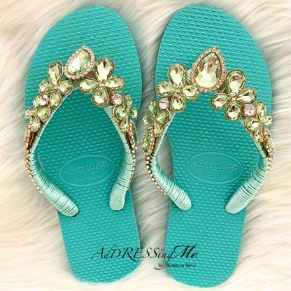 AdDRESSingMe™ Luxurious Light Green Flip Flops With Rhinestones