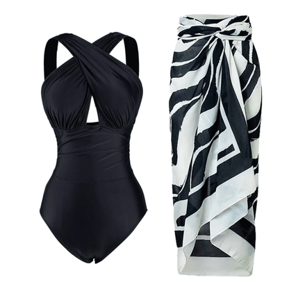 One Piece Cross Front Black Swimsuit With White and Black Skirt - AdDRESSingMe