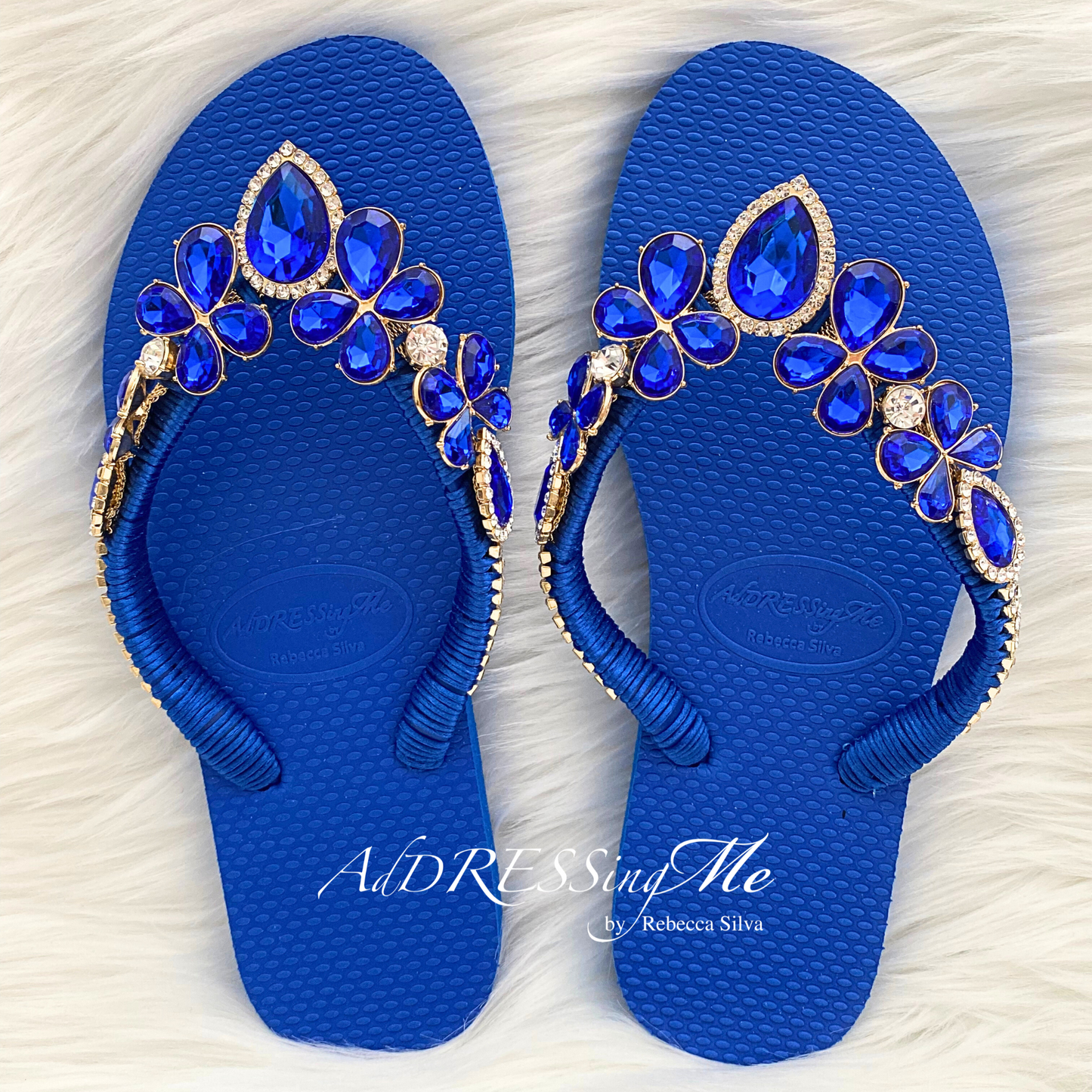 AdDRESSingMe™ Luxurious Royal Blue Flip Flops With Rhinestones