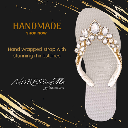 AdDRESSingMe™ Luxurious White Flip Flops With Rhinestones