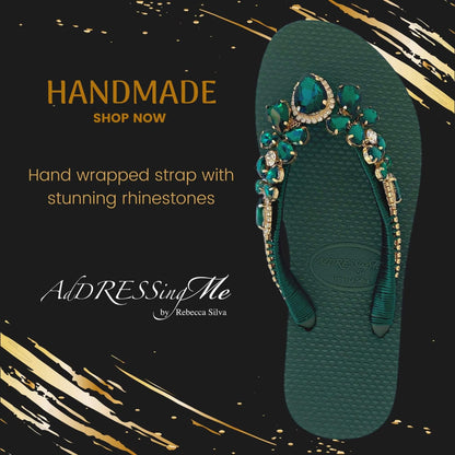 AdDRESSingMe™ Emerald Green Luxurious Flip Flops With Rhinestones - AdDRESSingMe