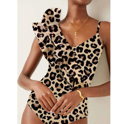 Leopard Print Ruffled Shoulder One-Piece Swimsuit - AdDRESSingMe