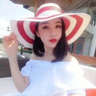 Stripe Straw Wide Brim Foldable Hat - AdDRESSingMe