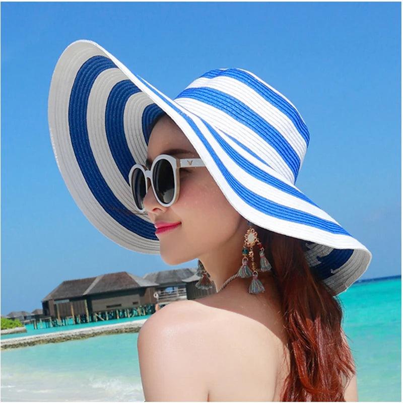 Stripe Straw Wide Brim Foldable Hat - AdDRESSingMe