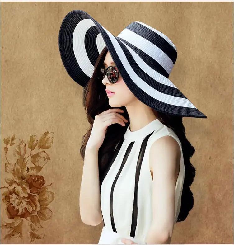 Stripe Straw Wide Brim Foldable Hat - AdDRESSingMe