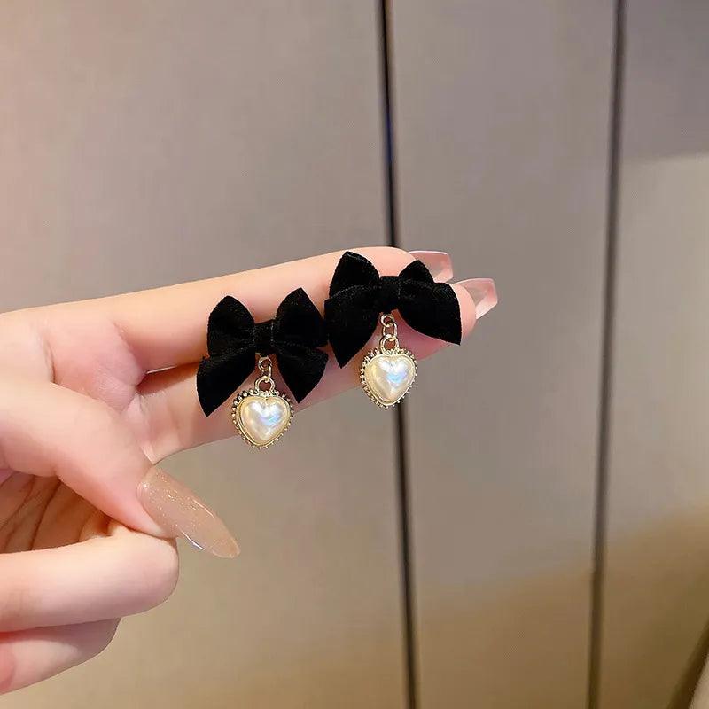 Vintage Black Bowknot Stud Earrings with Drop Heart Pearl - AdDRESSingMe