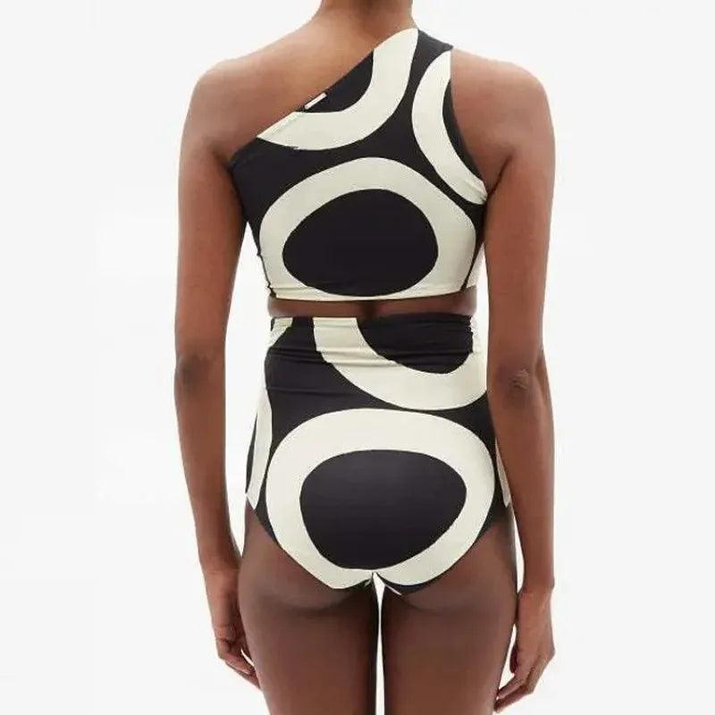 Black and White High Waist One Shoulder Geometric Shape Bikini Set - AdDRESSingMe