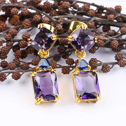 Square Purple Crystal Drop Earring