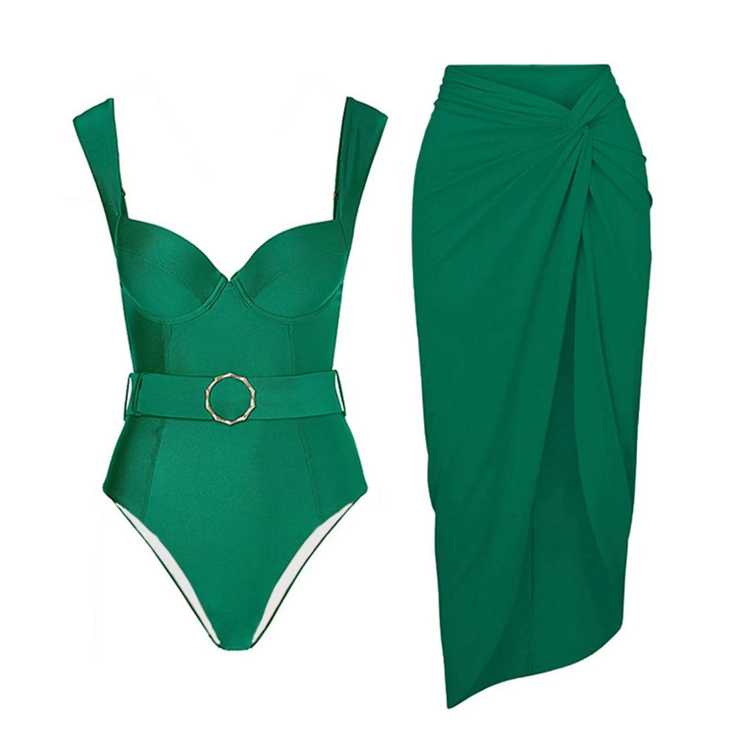 One Piece Solid Green Swimsuit With Skirt Cover Up - AdDRESSingMe