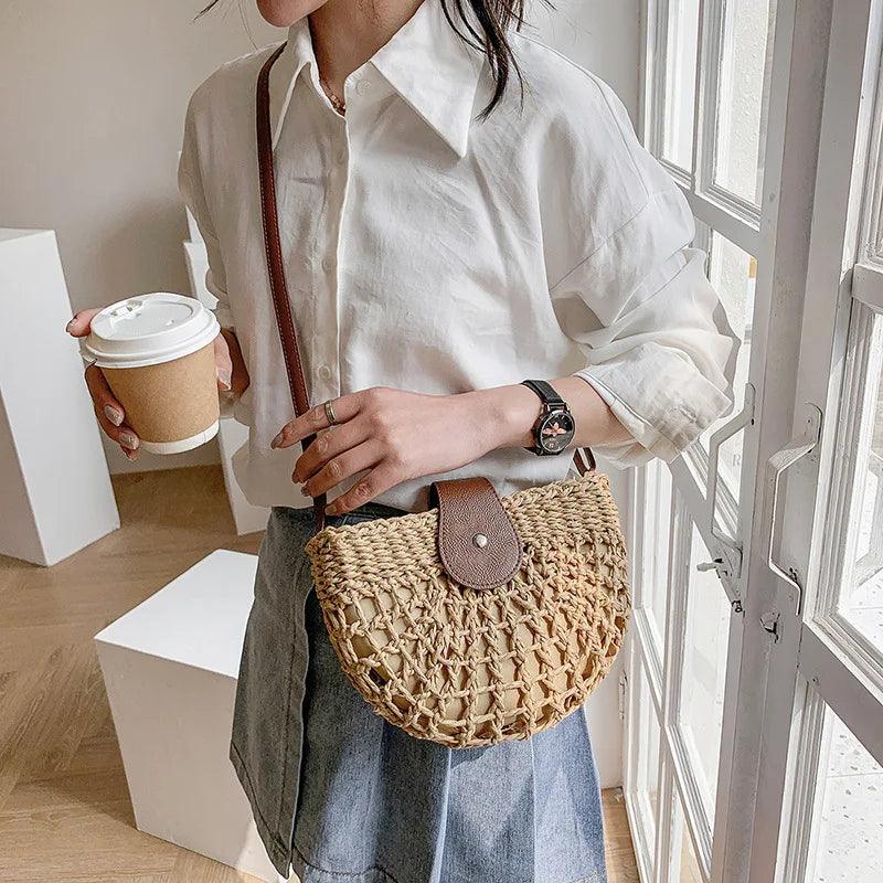 Semicircle Crossbody Rattan Straw Bag - AdDRESSingMe