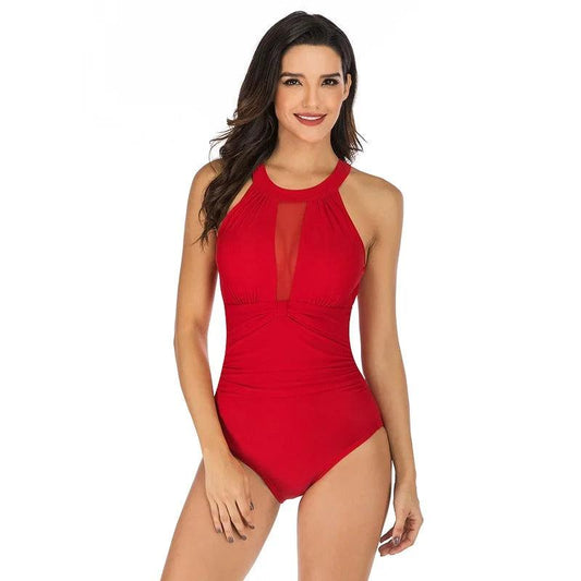 Solid Color Triangle Nylon Mesh One Piece Swimsuit - AdDRESSingMe