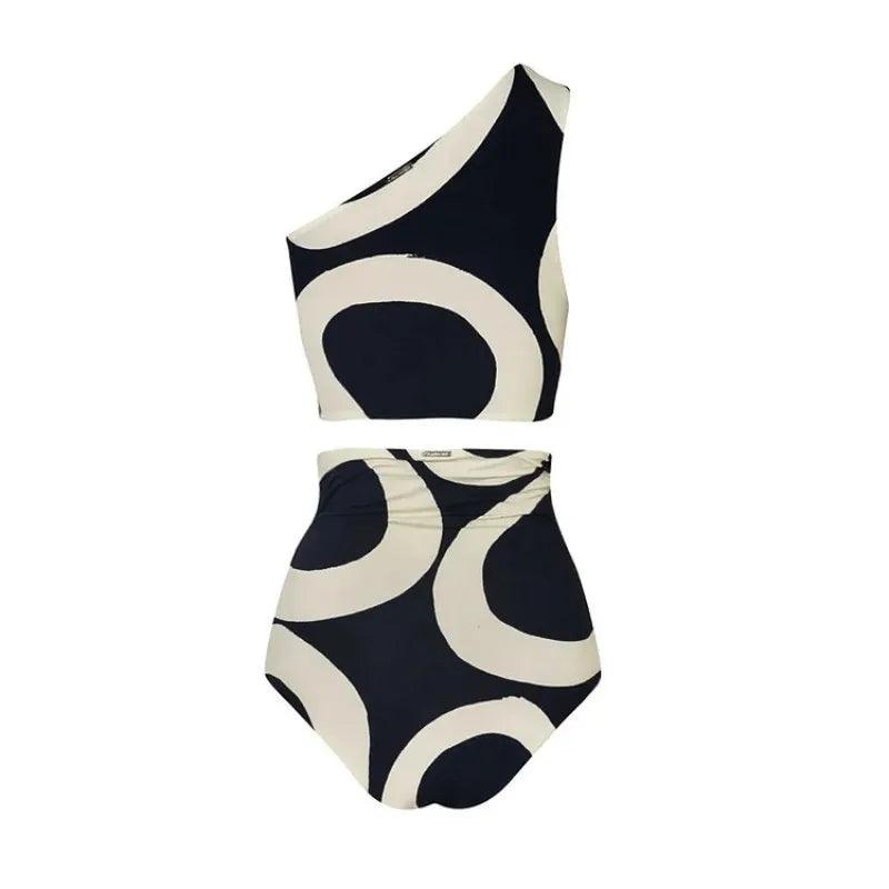 Black and White High Waist One Shoulder Geometric Shape Bikini Set - AdDRESSingMe