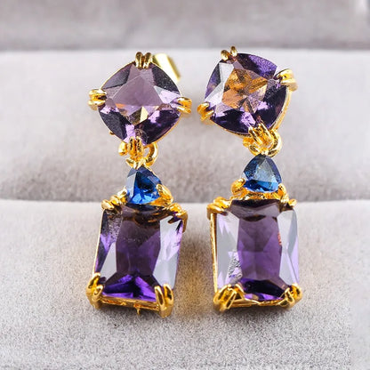 Square Purple Crystal Drop Earring