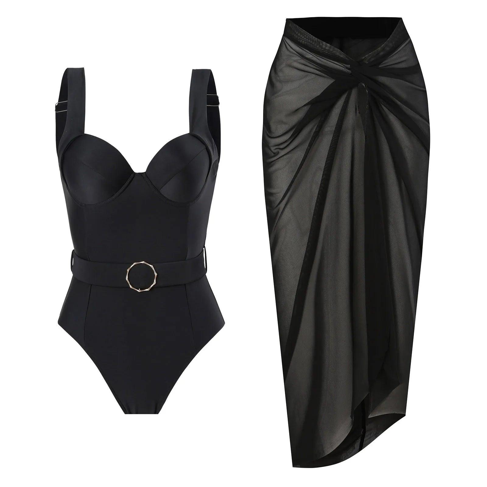 One Piece Solid Black Swimsuit With Skirt Cover Up - AdDRESSingMe