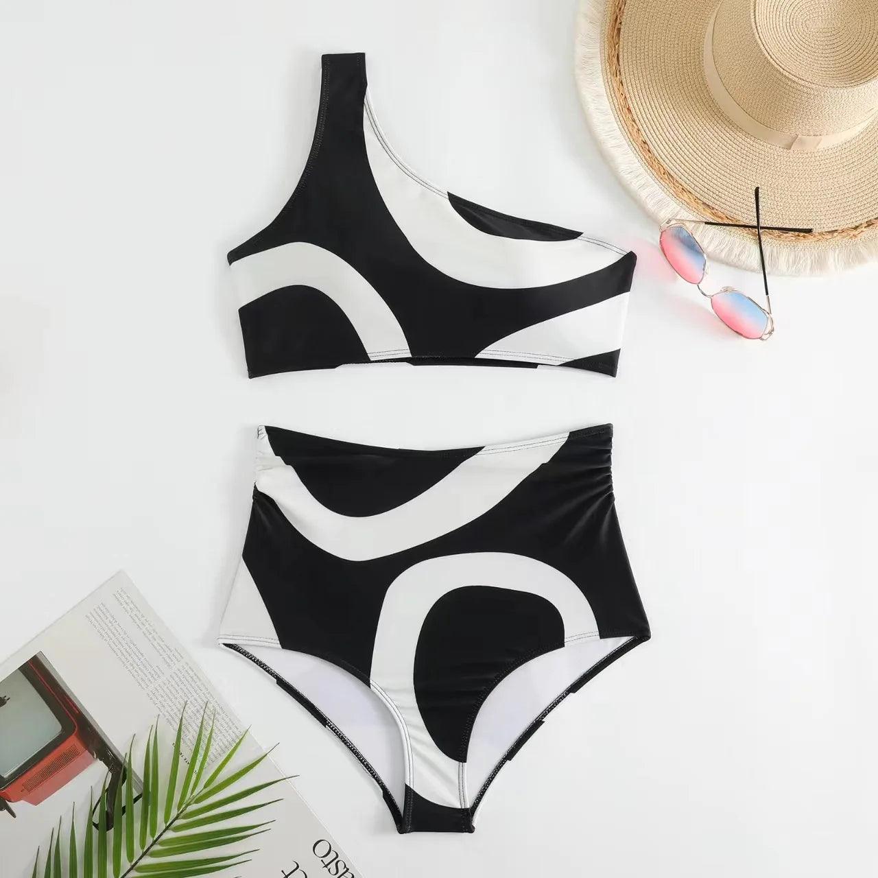 Black and White High Waist One Shoulder Geometric Shape Bikini Set - AdDRESSingMe