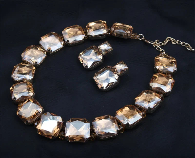 Geometric Crystal Rhinestone Necklace and Earring Set- Champagne
