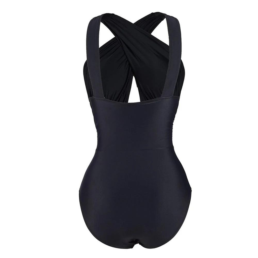 One Piece Cross Front Black Swimsuit With White and Black Skirt - AdDRESSingMe