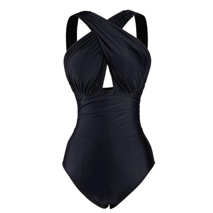 One Piece Cross Front Black Swimsuit With White and Black Skirt - AdDRESSingMe