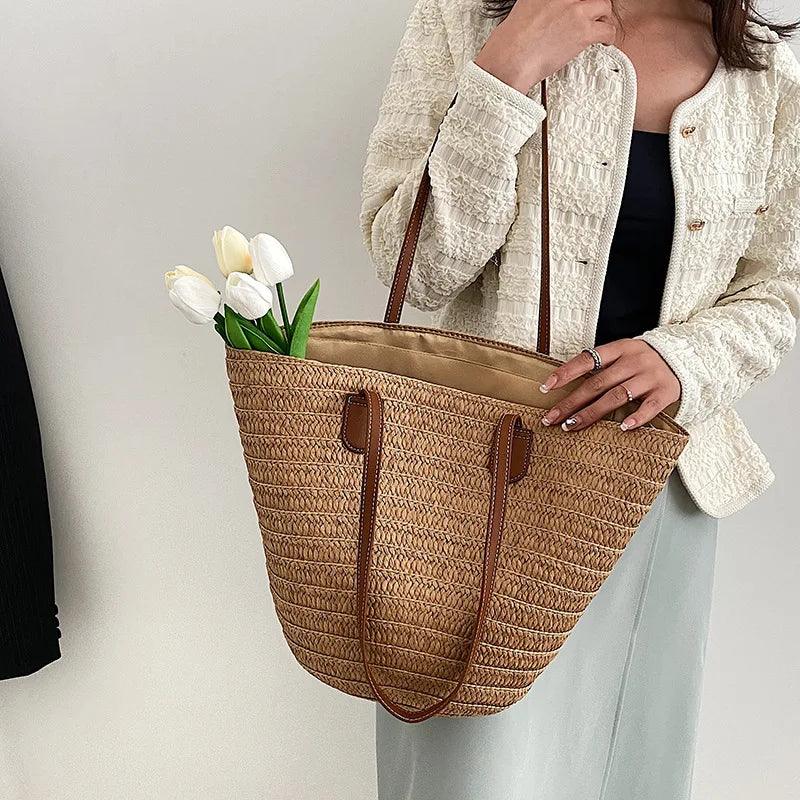 Large Capacity Straw Shoulder Tote Bag - AdDRESSingMe