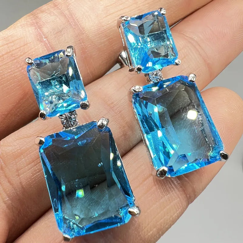 Light Blue Square Stone Dangle Earring