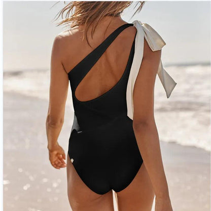 Shoulder Bow One Piece Swimsuit In Pink or Black - AdDRESSingMe