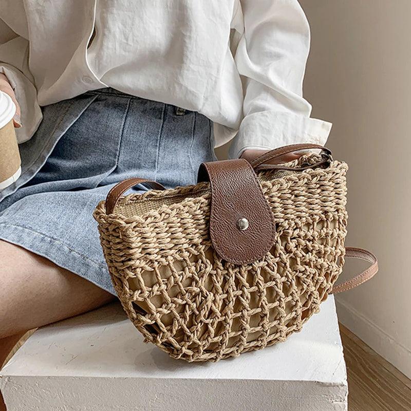 Semicircle Crossbody Rattan Straw Bag - AdDRESSingMe