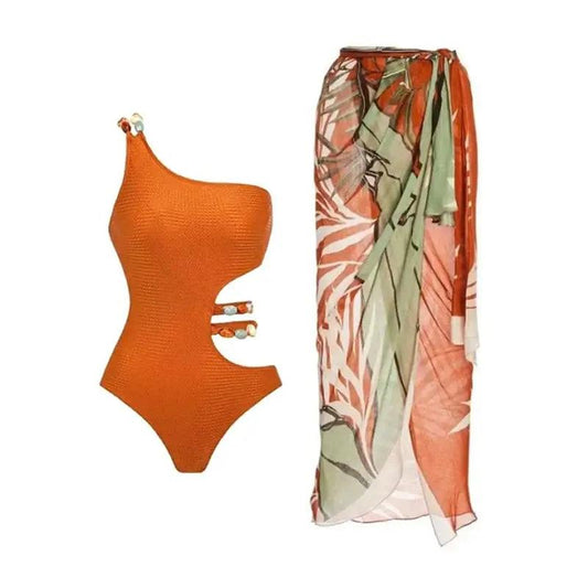 One Piece One Shoulder Swimsuit with Beads on Waist and with Skirt in Orange - AdDRESSingMe