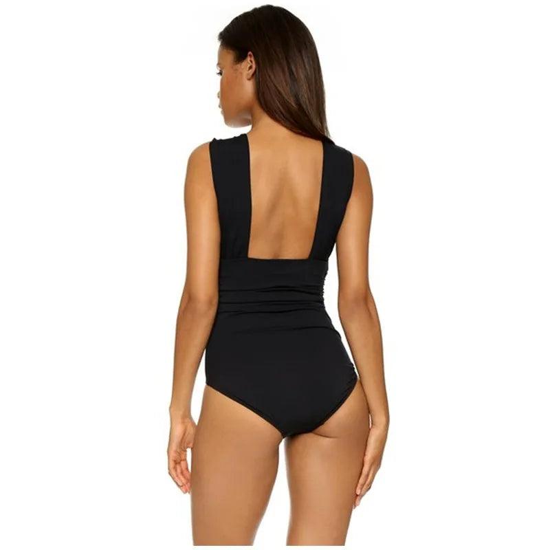 One Piece Cross Front Black Swimsuit With White and Black Skirt - AdDRESSingMe