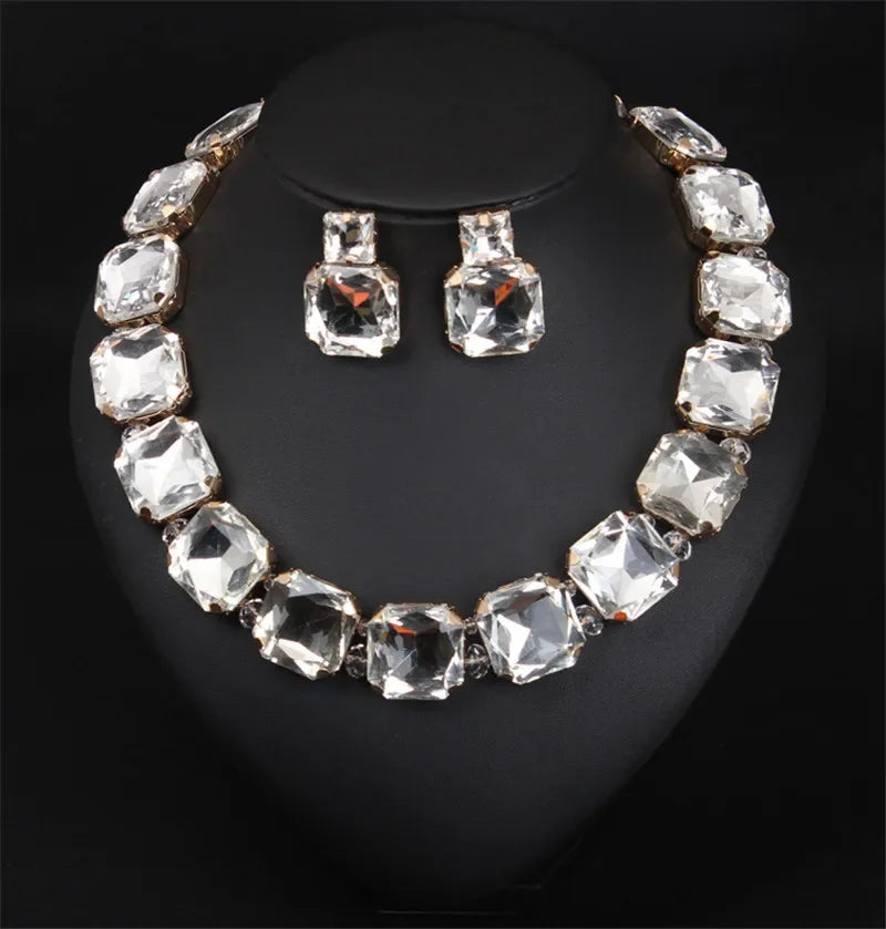 Geometric Crystal Rhinestone Necklace and Earring Set - White