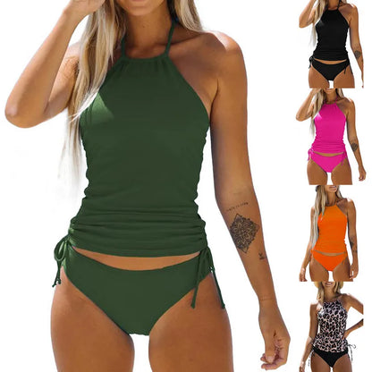 High Neck Solid Color Tankini Top and Bottom