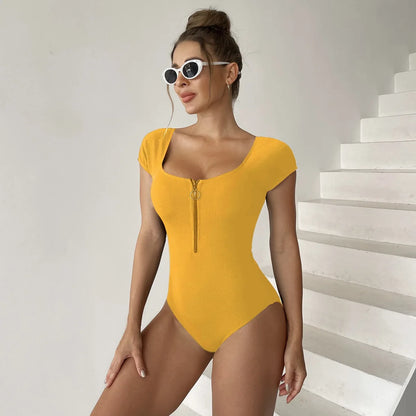 Short Sleeve Solid Color Zipper Up Push Up One Piece Swimsuit