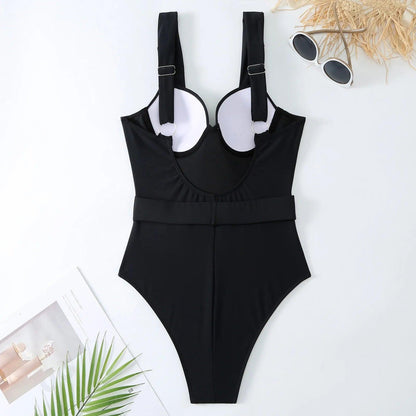 One Piece Solid Black Swimsuit With Skirt Cover Up - AdDRESSingMe