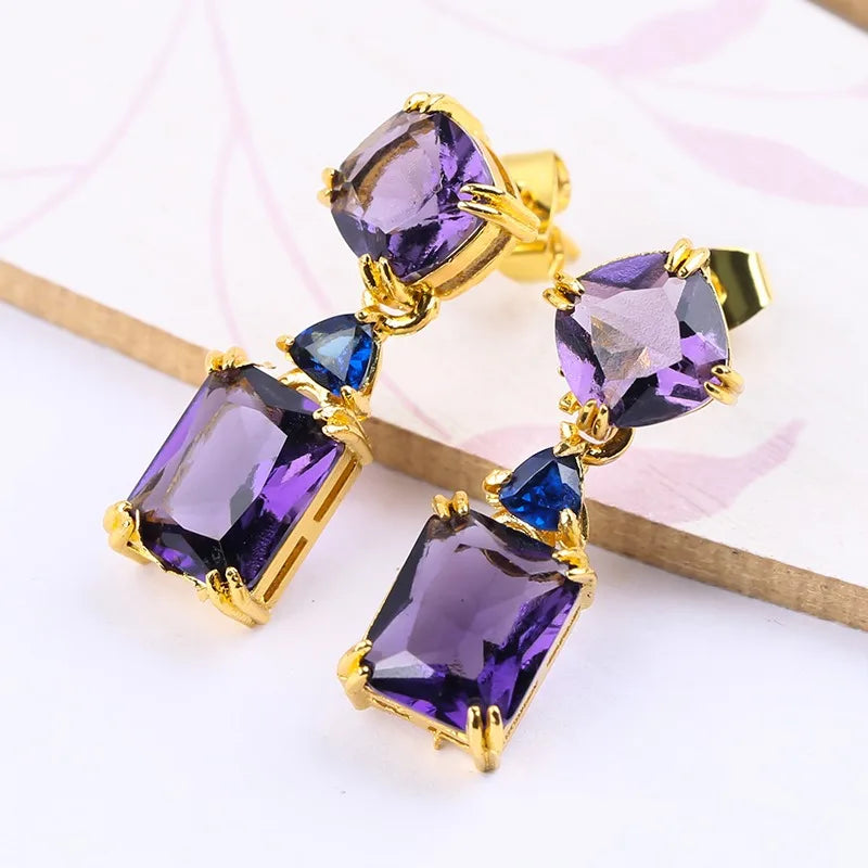 Square Purple Crystal Drop Earring