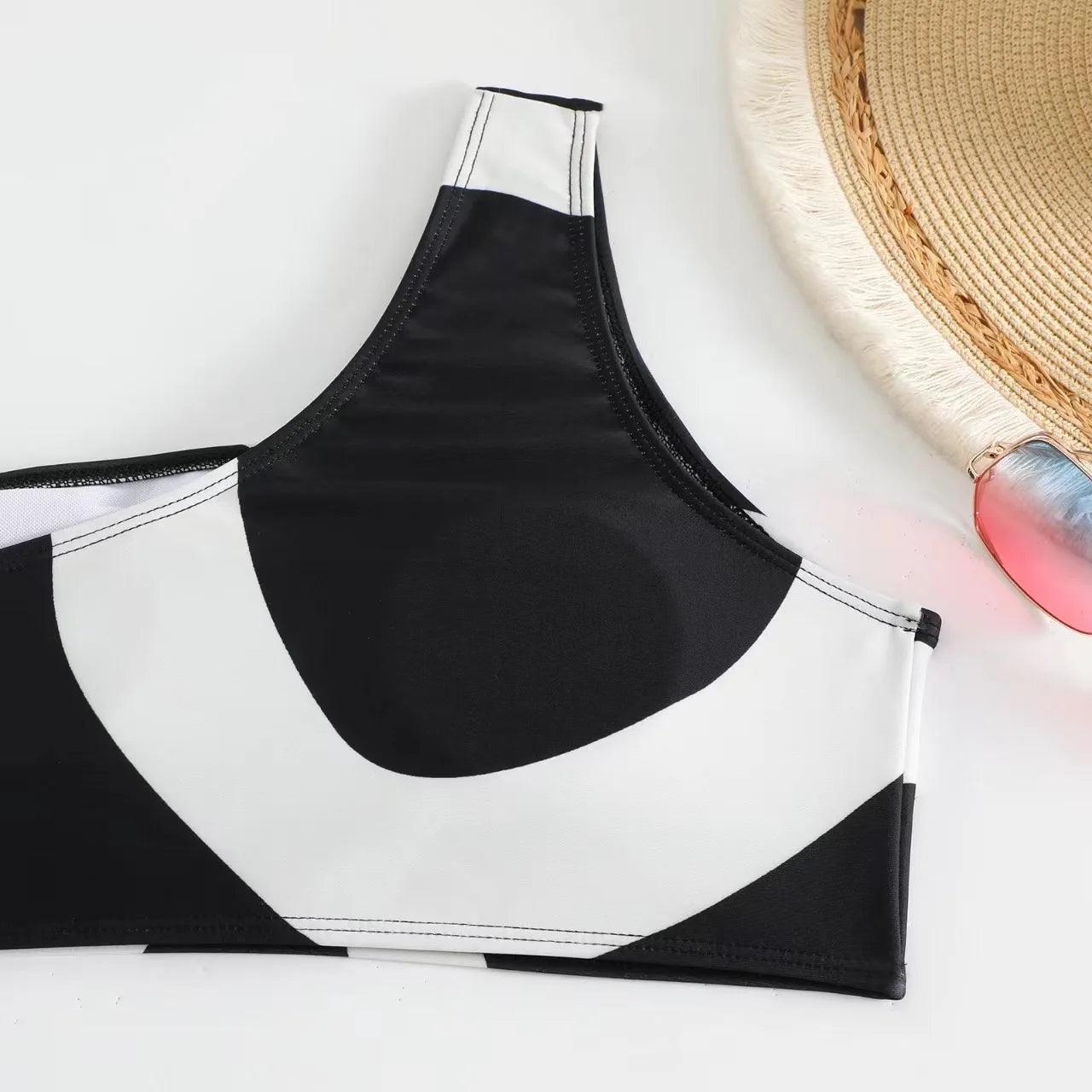 Black and White High Waist One Shoulder Geometric Shape Bikini Set - AdDRESSingMe