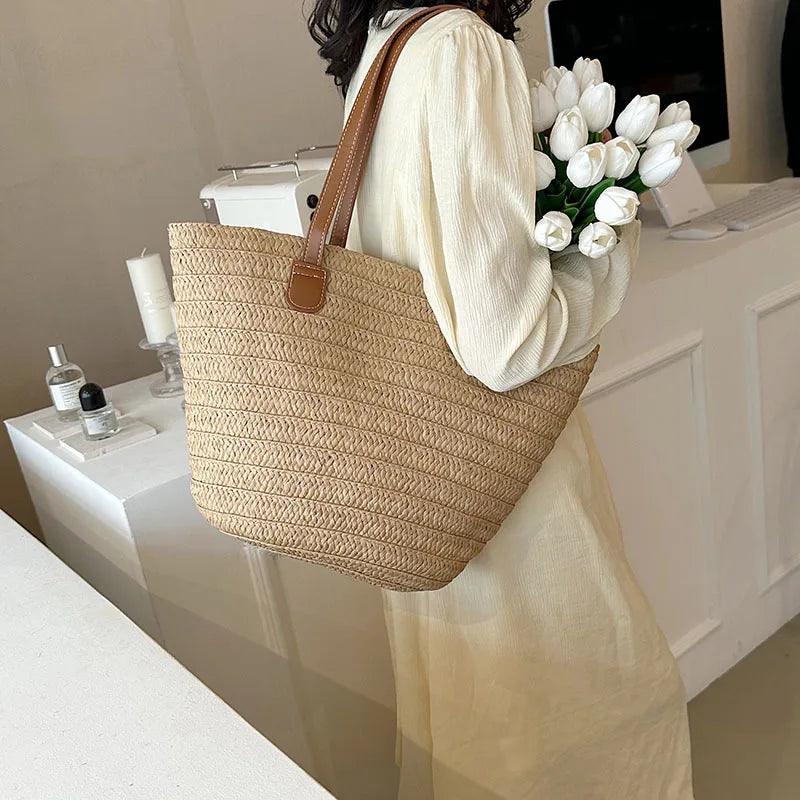 Large Capacity Straw Shoulder Tote Bag - AdDRESSingMe