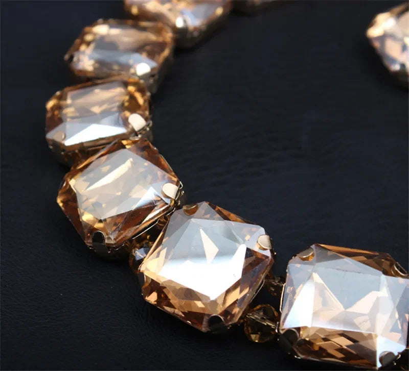 Geometric Crystal Rhinestone Necklace and Earring Set- Champagne