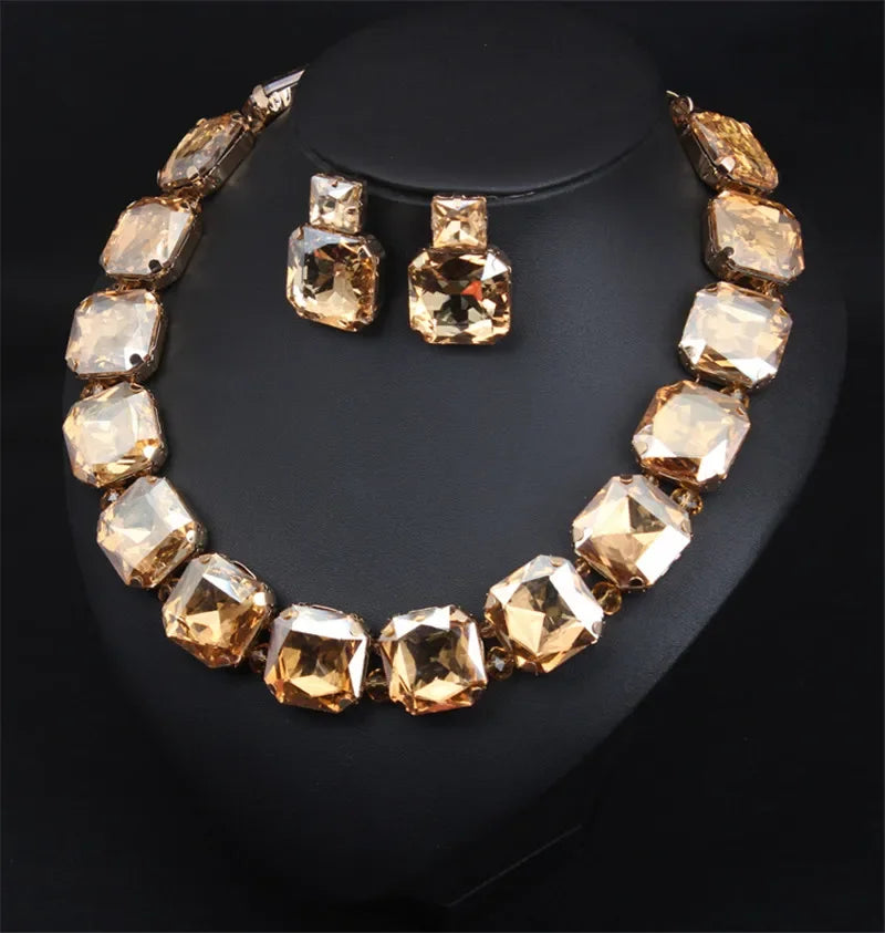 Geometric Crystal Rhinestone Necklace and Earring Set- Champagne