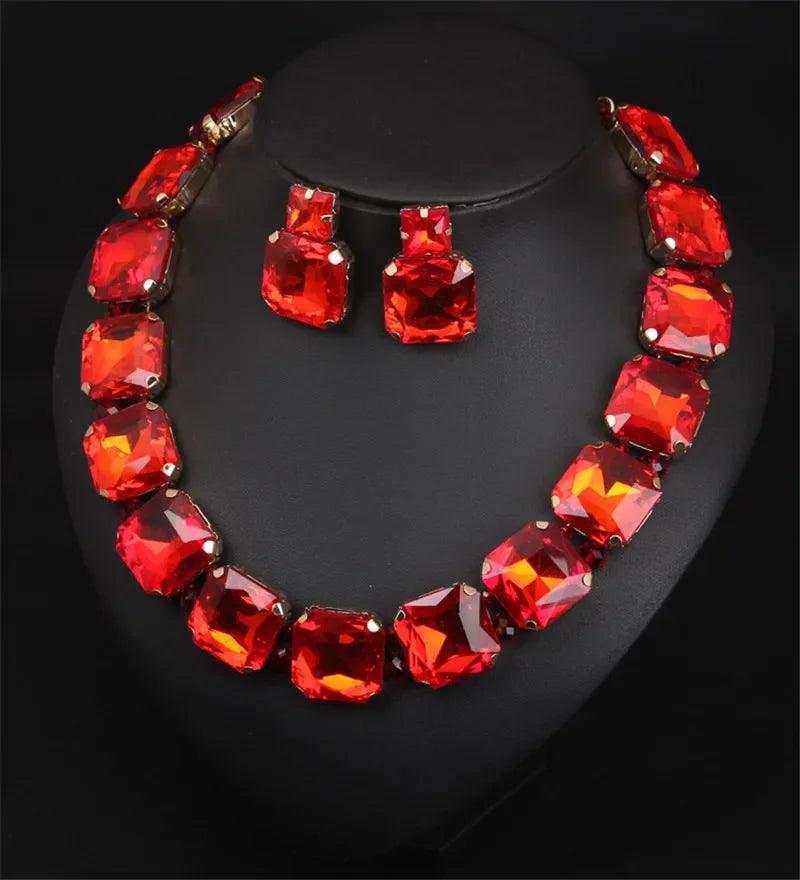 Geometric Crystal Rhinestone Necklace and Earring Set- Red