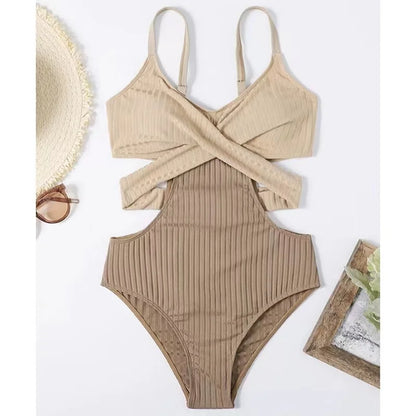 Beige and Brown Cross Cut Out Front One Piece Swimwear