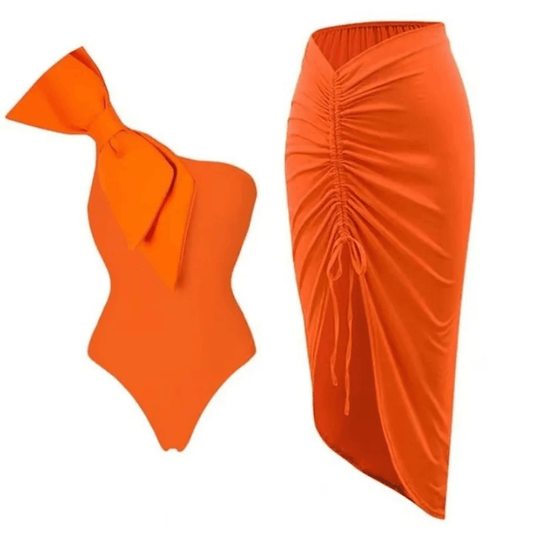 One Piece Solid Orange One Shoulder Swimsuit With Skirt - AdDRESSingMe