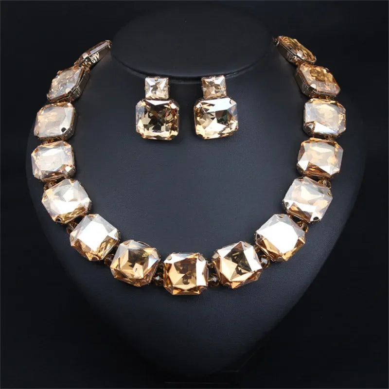 Geometric Crystal Rhinestone Necklace and Earring Set- Champagne