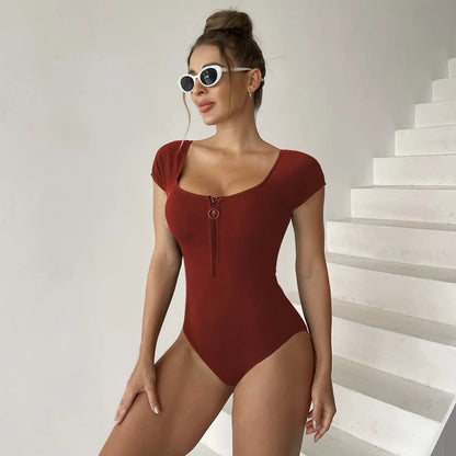 Short Sleeve Solid Color Zipper Up Push Up One Piece Swimsuit
