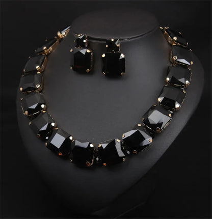 Geometric Crystal Rhinestone Necklace and Earring Set- Black