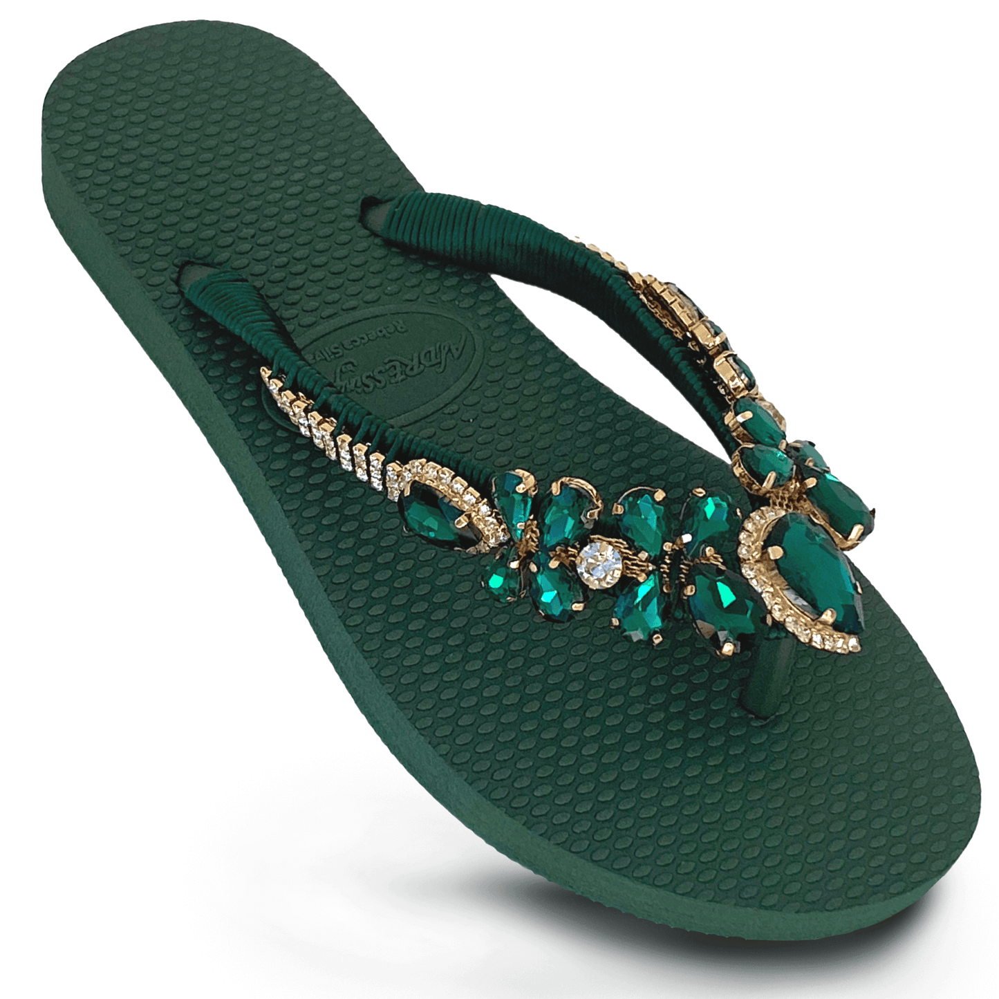 AdDRESSingMe™ Emerald Green Luxurious Flip Flops With Rhinestones - AdDRESSingMe
