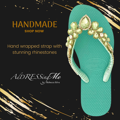 AdDRESSingMe™ Luxurious Light Green Flip Flops With Rhinestones