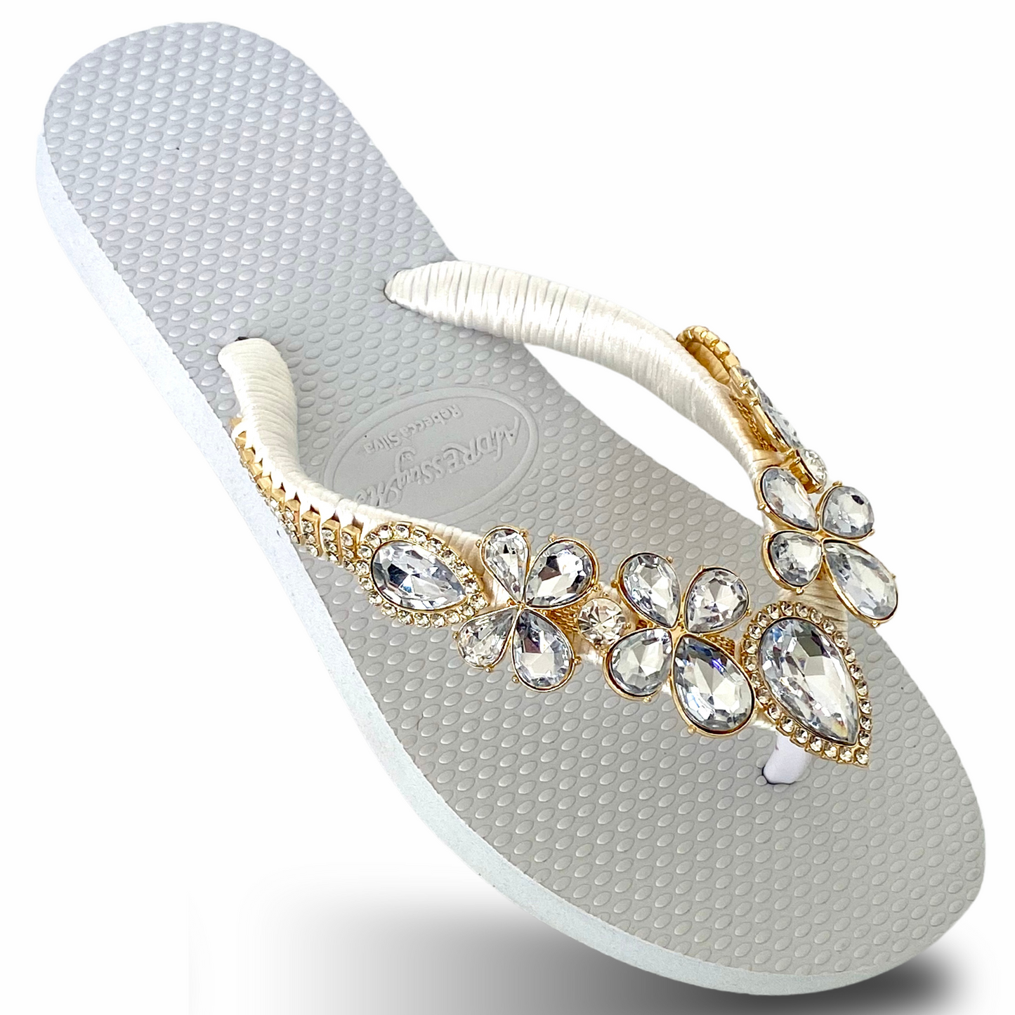 AdDRESSingMe™ Luxurious White Flip Flops With Rhinestones