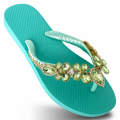 AdDRESSingMe™ Luxurious Light Green Flip Flops With Rhinestones