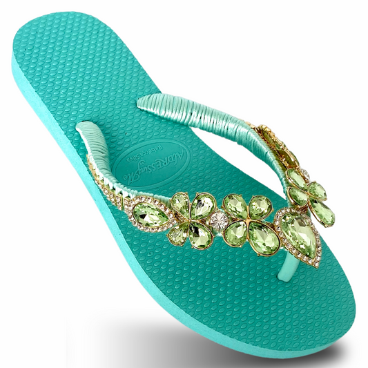 AdDRESSingMe™ Luxurious Light Green Flip Flops With Rhinestones